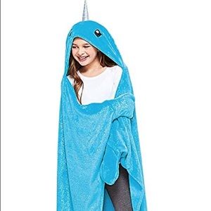 Blue narwhal hoodie blanket
